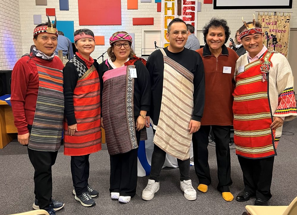 Taiwan Indigenous team, Ps Lai and Ps Chen and family, with Apostle Norman Miller at the Church and Cultural Challenges conference, Canberra 2023