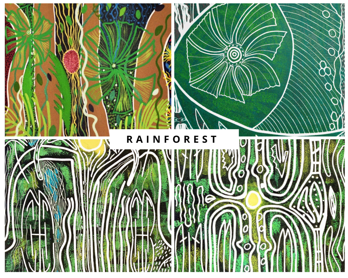Munganbana Norman Miller Rainforest Print Artwork Promo - four panels of indigenous artwork
